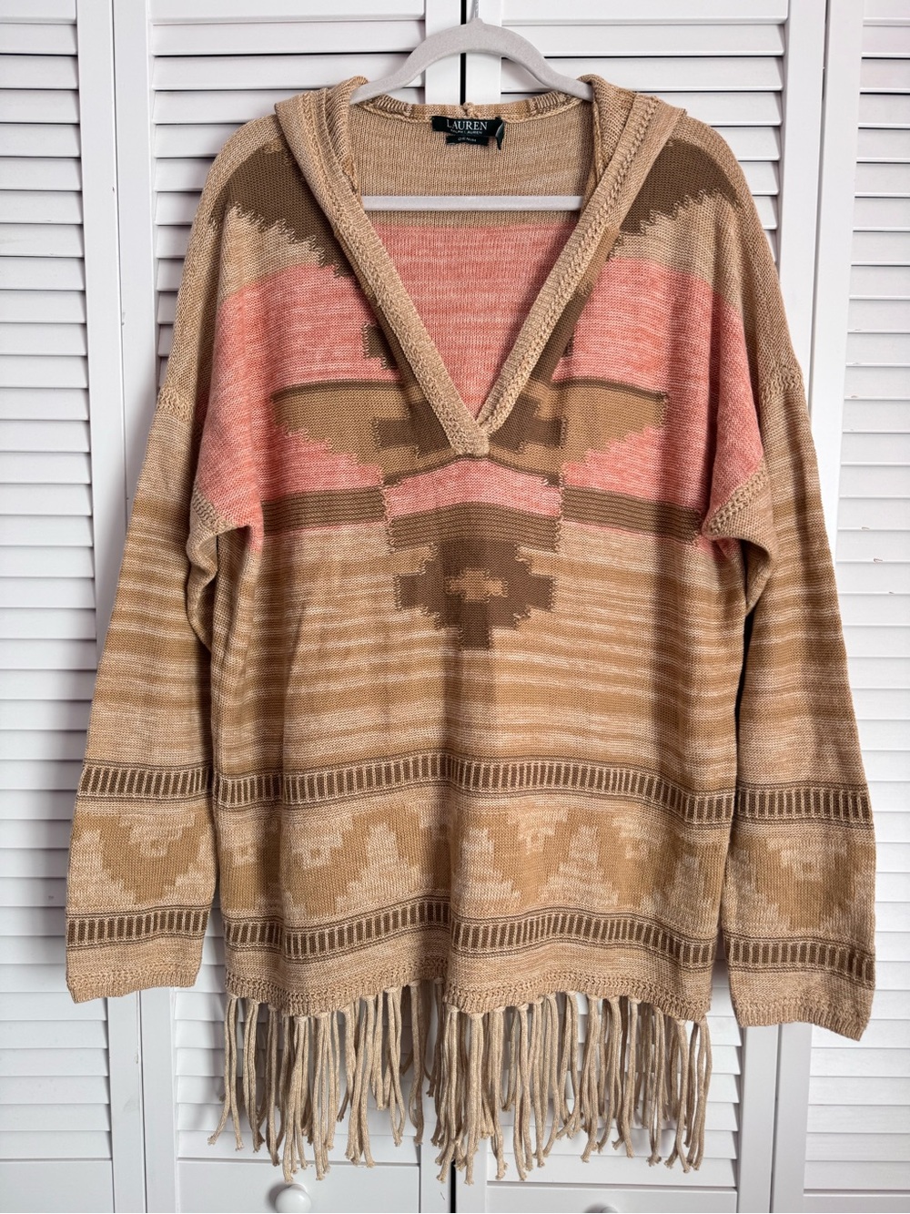 Lauren Ralph Lauren Linen Cotton Aztec Pullover Hoodie Sweater Fringe XL
